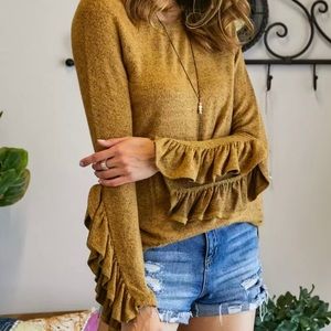 Mustard Yellow Open Ruffle Long Sleeve Round Neck Stretch Top NWT